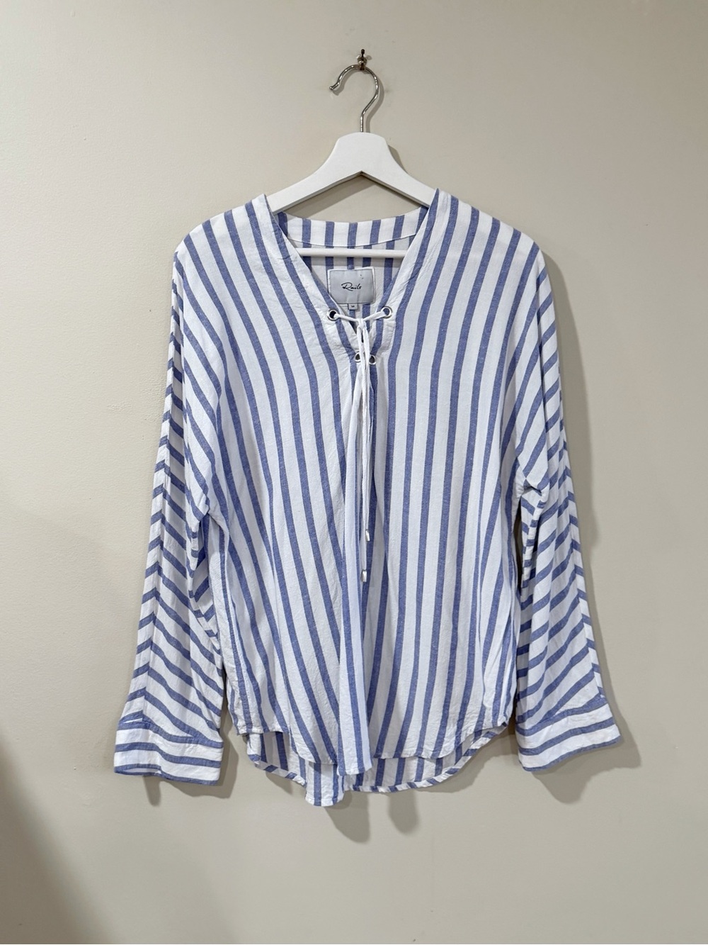 Rails Lily Women's M Blue White Stripe Linen Lace Up Blouse Boho Resort